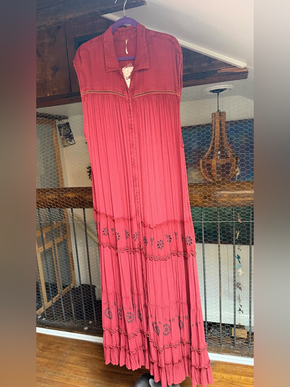 Free People Button-Front Dress in Rose Brown Embroidery Flowers Beautiful Flowy